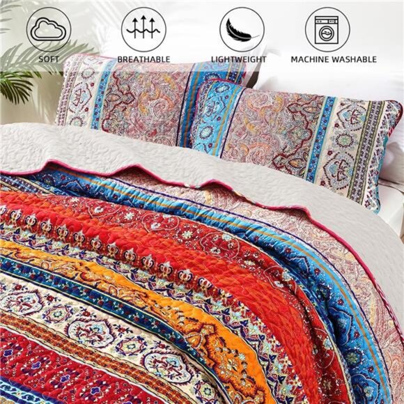 BEDDING Bohemian Quilt Set Queen Size, Boho Striped Pattern Bedspread Set - Picture 5 of 7